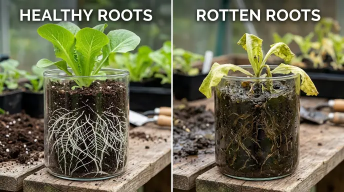 Comparison of healthy white roots versus rotten brown mushy roots from root rot infection.