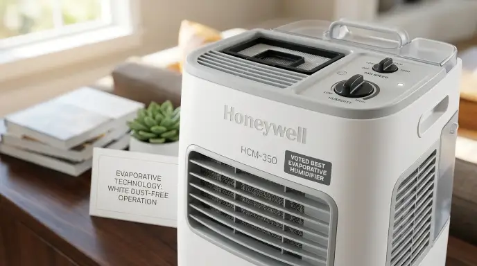 Honeywell HCM-350 evaporative humidifier with filter for white dust-free operation.
