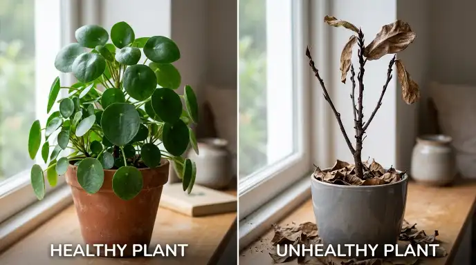 Why is my houseplant dying?Comparison of healthy houseplant and plant with leaf drop showing defoliation
