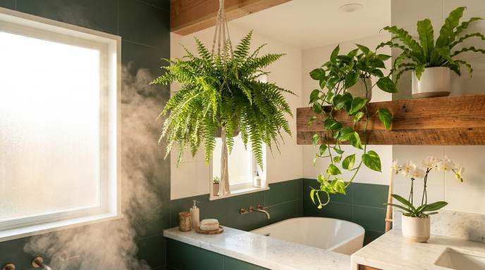 Sunlit modern bathroom styled with humidity-loving houseplants, featuring a hanging Boston Fern, trailing Pothos on a wooden shelf, and a blooming white orchid on a marble countertop near a frosted window.
