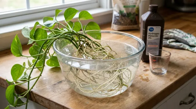 Soaking houseplant roots in diluted hydrogen peroxide solution to kill root rot pathogens.