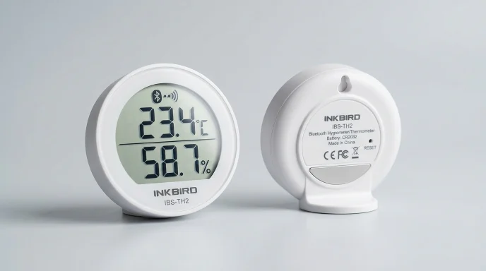 inkbird-ibs-th2-bluetooth-hygrometer displaying 58.7% humidity and 23.4 degrees celcius  temperature on white background