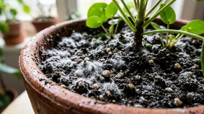 Why is my houseplant dying? White fuzzy mold on houseplant soil from overwatering and poor drainage