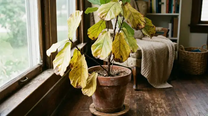 Why is my houseplant dying? Fiddle leaf fig houseplant showing overwatering damage and root rot
