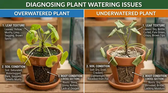 Side-by-side visual comparison of overwatered vs underwatered houseplants showing leaf differences