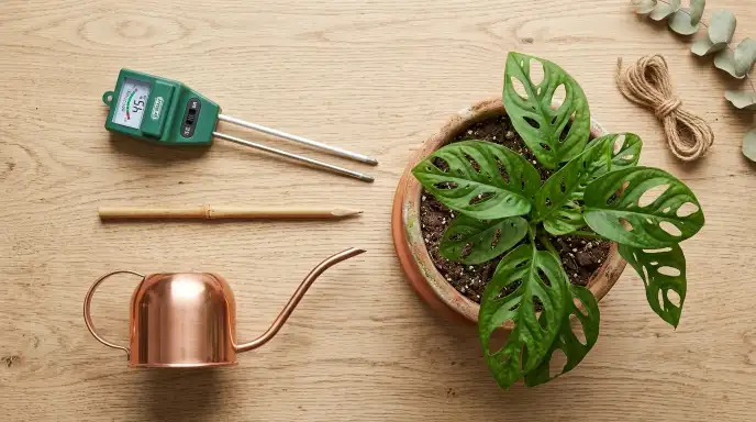 Plant moisture meter, wooden skewer, and watering can tools for checking soil moisture