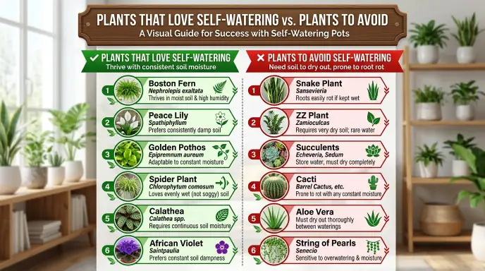 Plants that thrive in self-watering pots – ferns, pothos, peace lily vs. succulents and cacti to avoid.