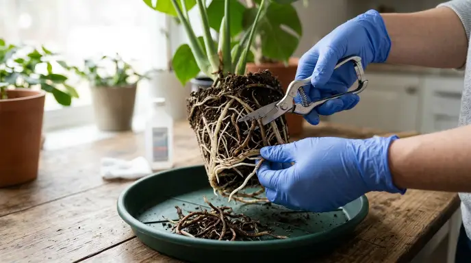 Pruning rotten roots with sterilized scissors to treat root rot in houseplants.