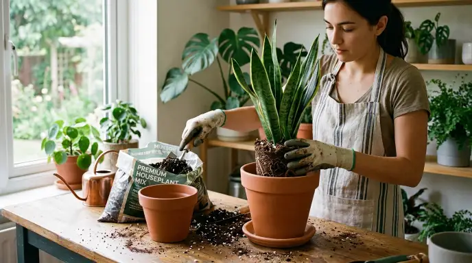 Repotting a plant in fresh well-draining potting mix after treating root rot.
