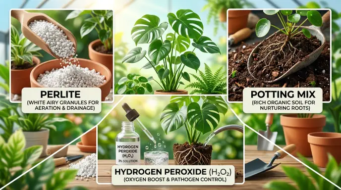 Root rot treatment guide for indoor houseplants showing potting mix, perlite, and hydrogen peroxide
