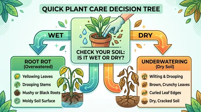 Root rot vs underwatering diagnostic flowchart for houseplant care.