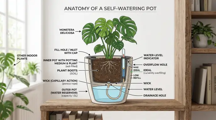 Anatomy of a self-watering pot showing reservoir, wick system, water-level indicator, and overflow hole.