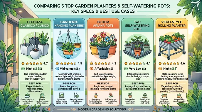 Comparison chart of the best self-watering pots 2026 including Gardenix, Bloem, Lechuza, T4U, and Vego.