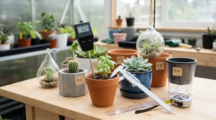 Testing self-watering pots with moisture meter and Monstera plants for 30-day review.