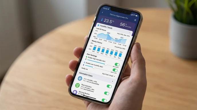 Smartphone app interface for smart digital hygrometer showing humidity trends, alert settings, and automation controls.