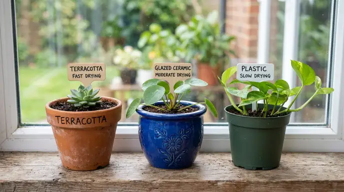 Comparison of terracotta, ceramic, and plastic pots for houseplants showing different drying speeds.