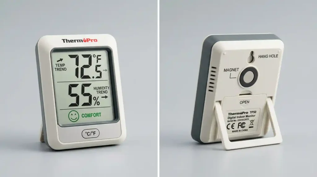ThermoPro TP50 digital hygrometer with large LCD display showing 55% relative humidity