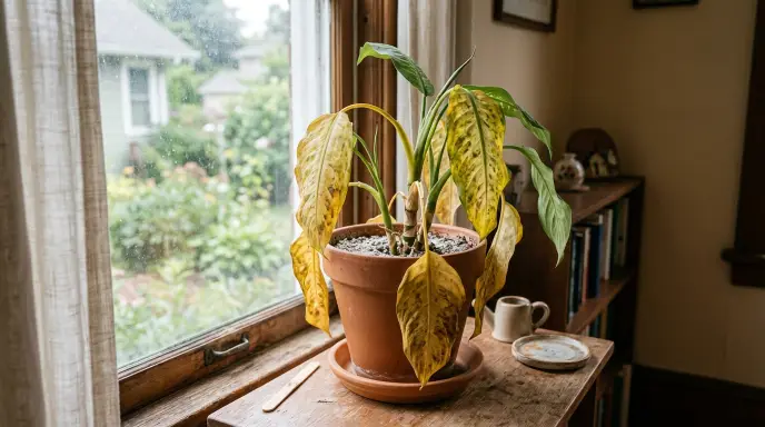 Yellowing and wilting leaves on a houseplant showing signs of root rot from overwatering.