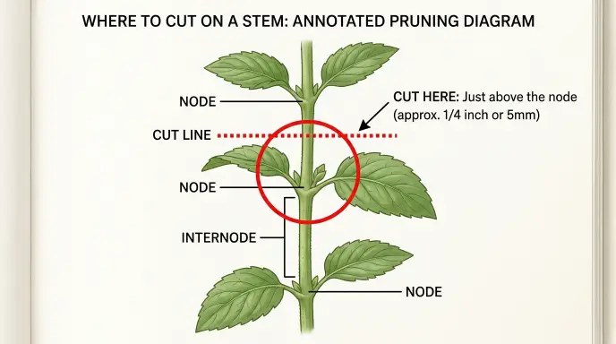 Diagram showing where to cut a leggy plant stem — cut just above the node, the small bump where leaves attach, to encourage new branching growth