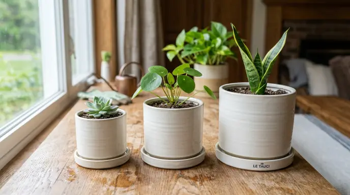 LE TAUCI ceramic plant pots set of 3 with drainage holes and saucers for houseplants.