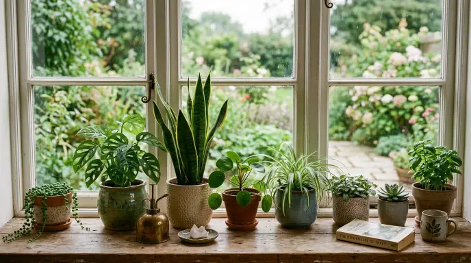Best ceramic pots for plants displayed on a wooden shelf with healthy houseplants