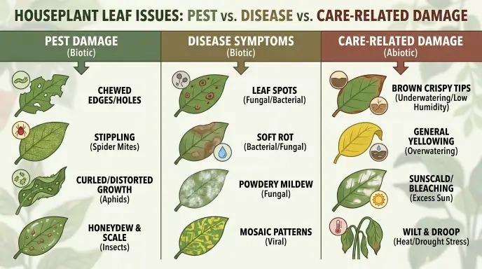 Comparison chart showing pest damage versus disease symptoms versus care-related leaf damage on houseplants