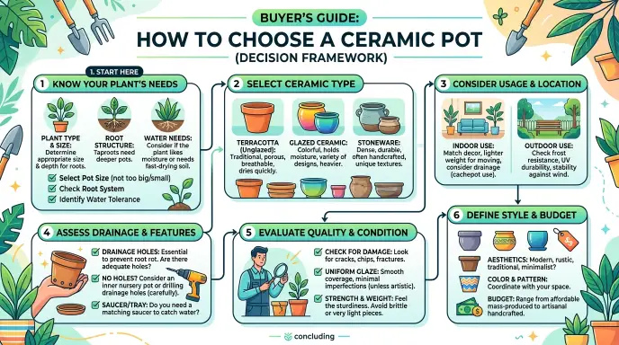 How to choose a ceramic pot for your plant based on glaze type, drainage, and size.