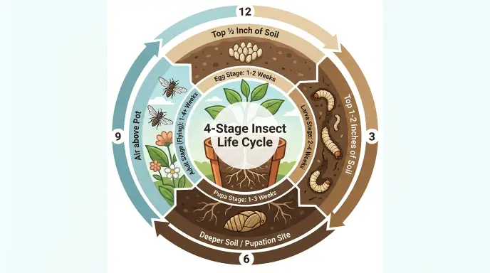 Infographic of the fungus gnat life cycle showing eggs in the top half-inch of soil, larvae feeding for two weeks, pupae for four days, and adults flying above the plant with a three-to-four-week total timeline.