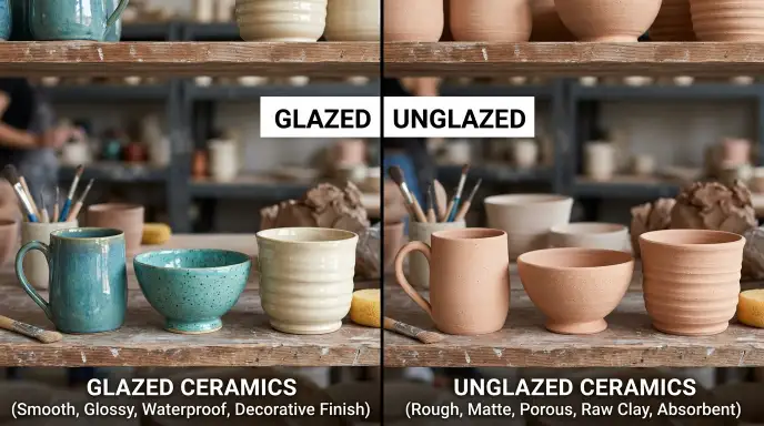 Glazed vs unglazed ceramic pots for plants showing different moisture retention properties.