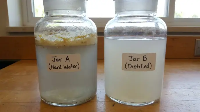Visual jar test result comparing insecticidal soap mixed with hard water showing cloudy liquid with thick floating surface scum on the left, versus soap mixed with distilled water showing a smooth and uniform milky consistency on the right.