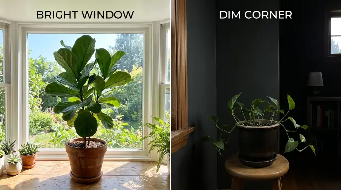 Comparison of a plant in a bright south-facing window versus a plant in a dim corner — light levels directly affect whether a plant becomes leggy