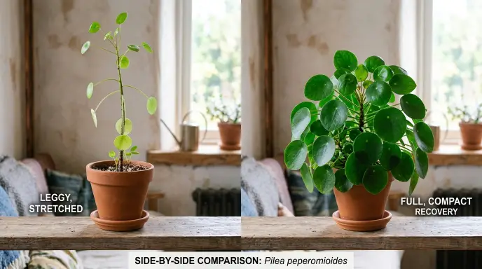 Leggy houseplant with stretched stems next to a full, compact plant of the same type