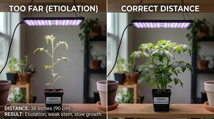 Comparison of a grow light positioned too far from a plant (causing stretching) versus a grow light at the correct distance for compact growth