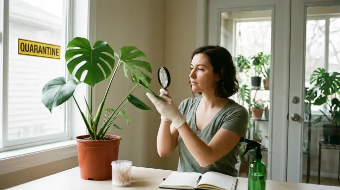 New houseplant being inspected for pests during a quarantine period, separated from other plants
