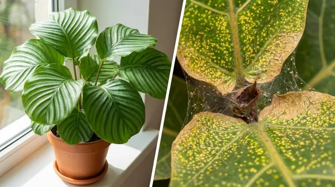Split comparison showing a healthy green houseplant leaf on the left versus a damaged leaf with heavy yellow stippling dots and fine silky spider mite webbing on the right