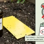 Hydrogen peroxide bottle and yellow sticky card shown alongside a crossed-out clock icon, illustrating that no product kills fungus gnats instantly and the full life cycle takes weeks to break.