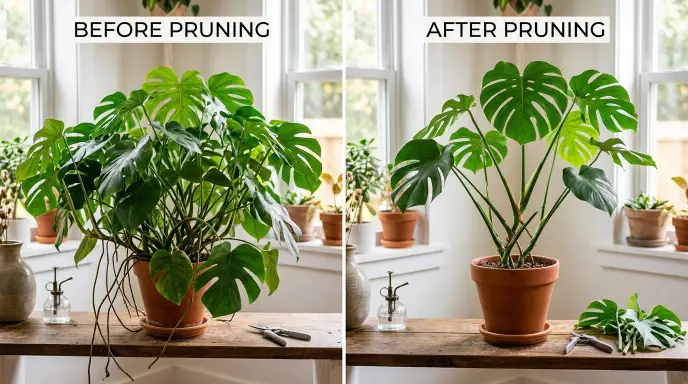 Before and after pruning a leggy houseplant — the plant looks sparse immediately after cutting but will produce fuller new growth from the nodes
