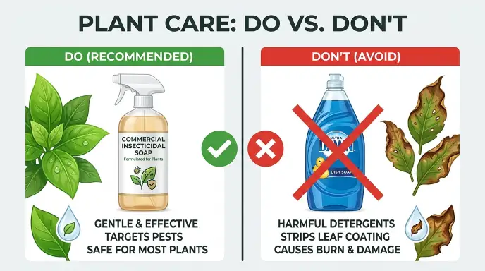 Do versus don't graphic for spider mite treatment showing a commercial insecticidal soap bottle labelled safe on the left, and a blue dish soap bottle crossed out with a red X on the right, with a small icon showing a burnt, curled leaf edge.