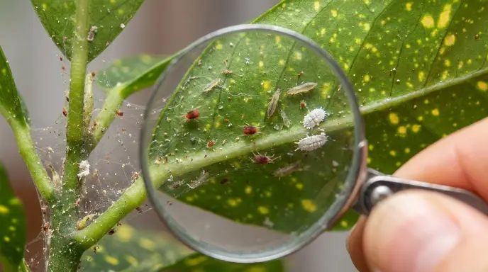 Close-up of tiny insects and webbing on a houseplant leaf, used to identify common indoor plant pests