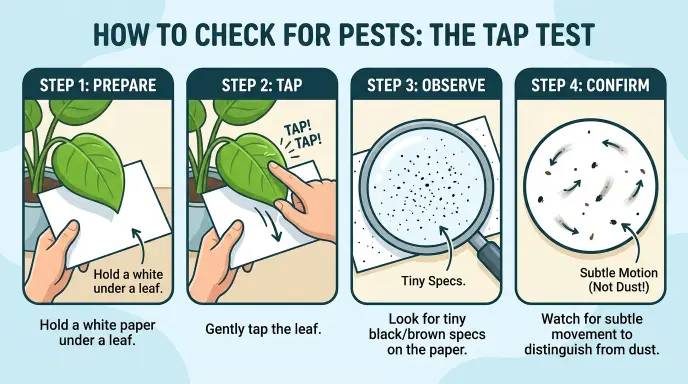 Step-by-step infographic of the spider mite white paper test showing a hand tapping a leaf over white paper, shaking off pepper-like specks, and a zoomed-in view highlighting the moving mites to distinguish them from static dust.