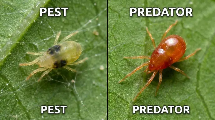 Macro side-by-side comparison of a two-spotted spider mite, which is pale and oval with dark spots, against a shiny, pear-shaped predatory mite with noticeably longer legs that acts as a beneficial biological control agent