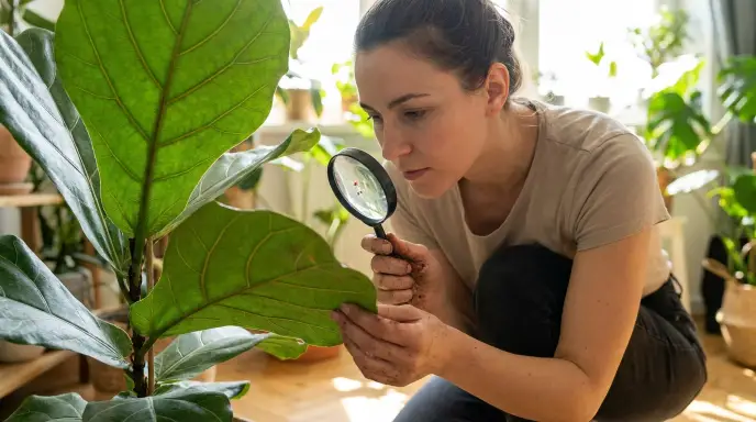 Person checking the underside of a houseplant leaf for pests using a magnifying glass
