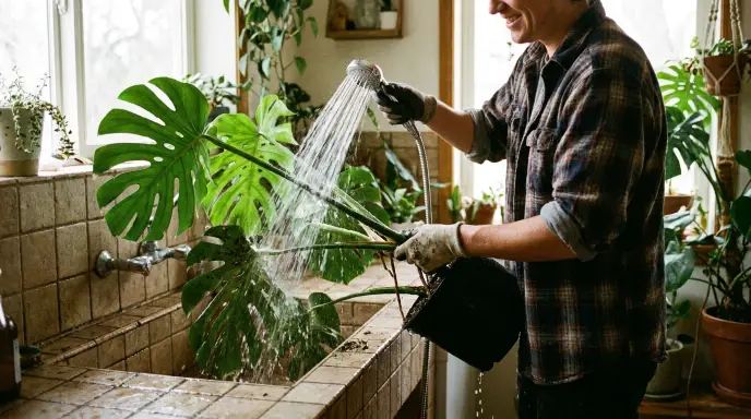Person rinsing a houseplant in a sink while tilting the leaf sideways, aiming a lukewarm water spray directly at the undersides of the foliage to physically dislodge spider mites and their webbing.