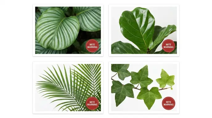 Grid collage of high-risk houseplants vulnerable to spider mite infestations including Calathea, Fiddle Leaf Fig, Majesty Palm, English Ivy, Alocasia, and Croton, each with a red warning badge.
