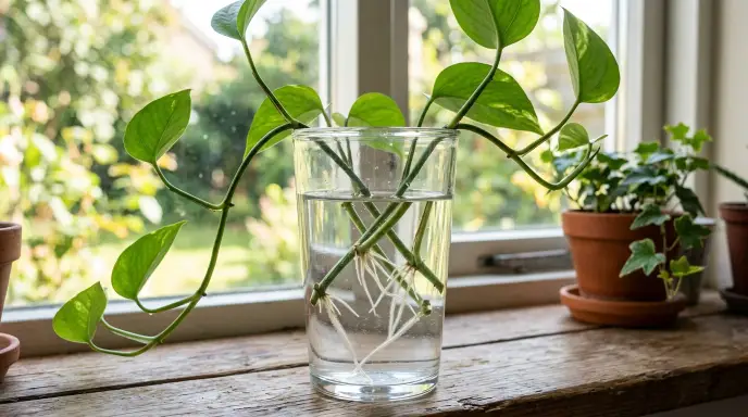 Propagating leggy plant cuttings in water — new roots forming from the nodes on the stem, creating fresh compact plants from leggy growth