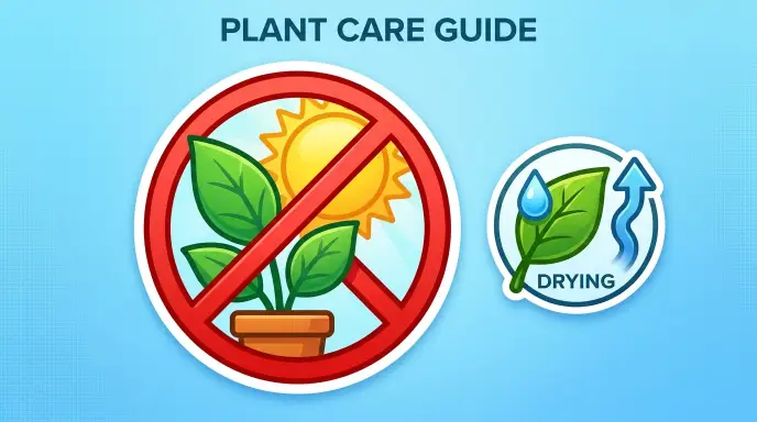 Graphic warning icons for post-spider-mite spray care featuring a sun with a prohibition sign over a plant and a pet silhouette, reminding users to keep treated plants out of direct light and away from children and pets until leaves are fully dry.