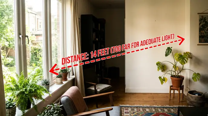 A houseplant sitting several feet away from a window — light intensity drops significantly with distance, which can cause leggy growth