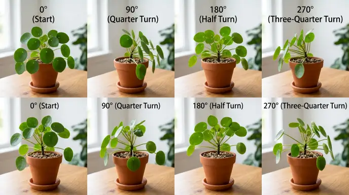 Rotating a houseplant a quarter turn to ensure even light exposure and prevent leaning and leggy growth