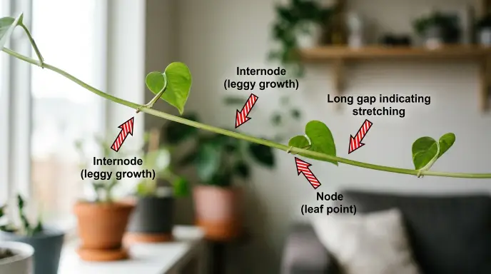 Close-up of a plant stem with arrows pointing to the internodes — the long gaps between leaves that indicate leggy growth