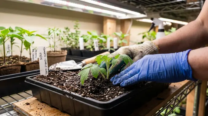 Deep planting a leggy tomato seedling — burying the stem up to the lowest set of leaves encourages new roots to grow from the buried stem